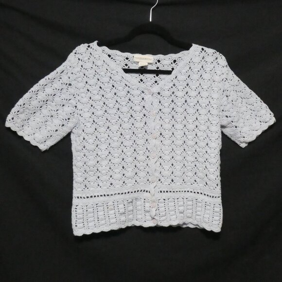 FASHION ESSENTIALS | large | Light Blue Crochet Short Sleeve Cardigan - Picture 1 of 15